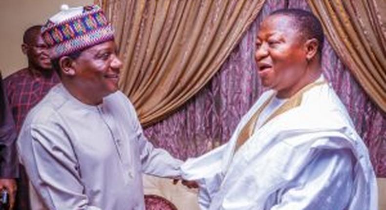 Governor Simon Lalong of Plateau with former governor of the state, Chief Joshua Dariye, during Lalong’s visit to his residence in Abuja , to congratulate him on his release following his pardon by President Buhari.