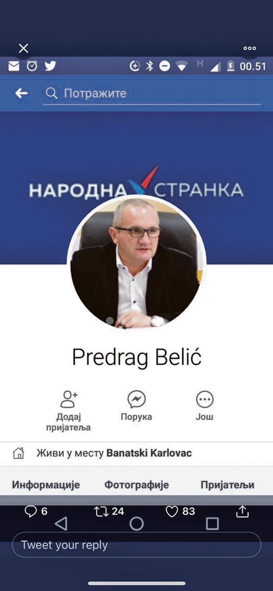Pošto je izbačen iz SNS-a Belić na fejsbuk profil stavio logo Narodne stranke