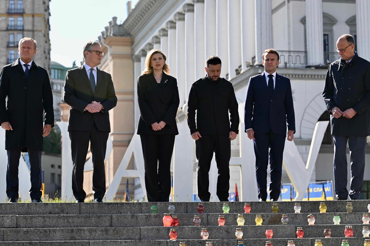 Donald Tusk, Emmanuel Macron, Keir Starmer, Wołodymyr Zełenski, Ołena Zełenska, Friedrich Merz w Kijowie