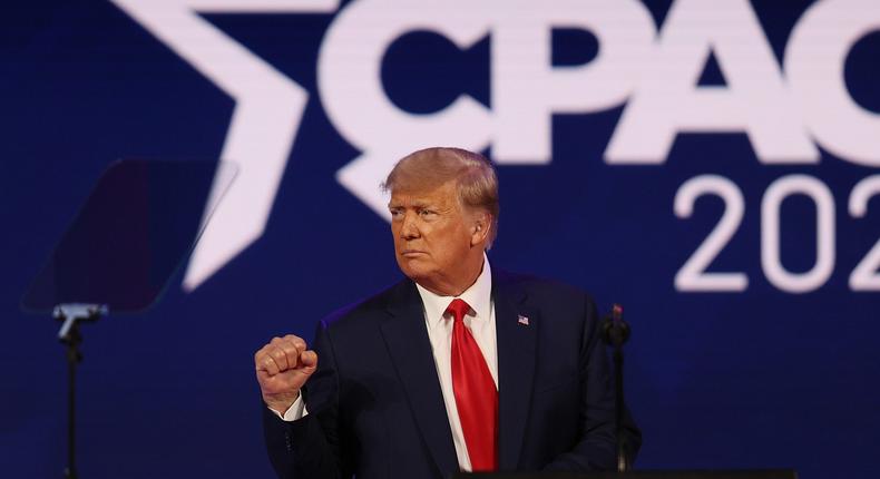 Former President Donald Trump addresses the Conservative Political Action Conference held in the Hyatt Regency on February 28, 2021 in Orlando, Florida.
