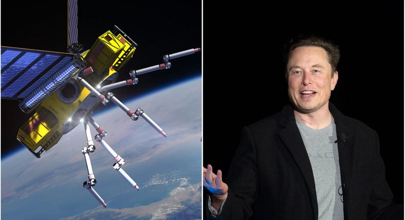 Fred, left, one of Rogue Space Systems' robots. Elon Musk, right, whose company SpaceX will launch the robots into orbit.