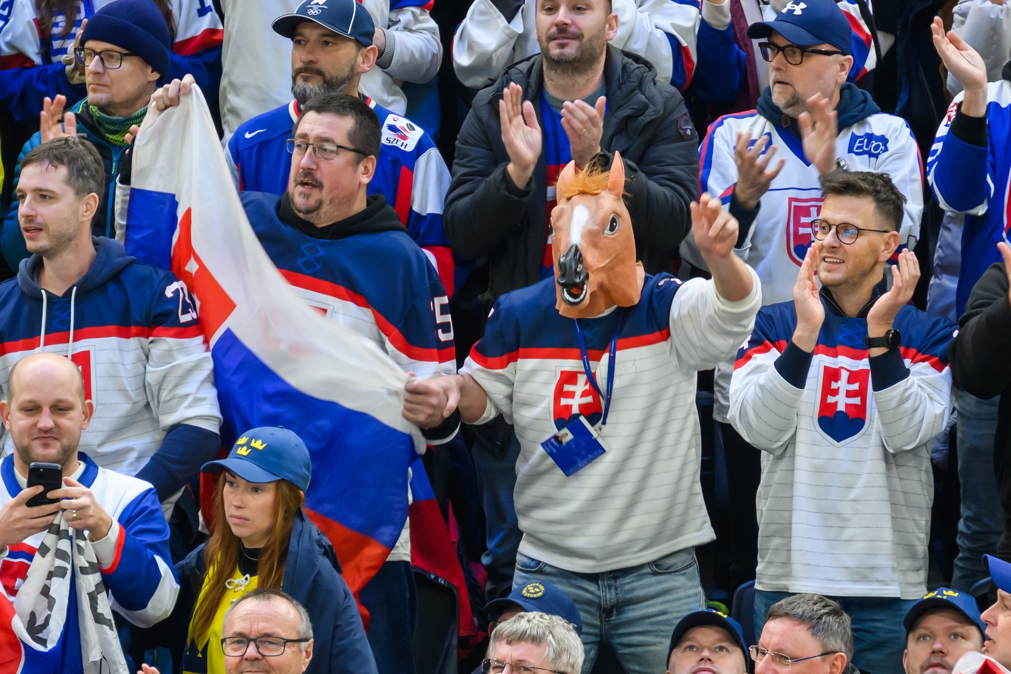 Slovenskí diváci sa radujú z gólu. 