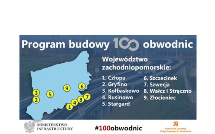 1. Obwodnica Człopy w ciągu drogi krajowej nr 22. Planowana data ogłoszenia przetargu: IV kw.2024 r.<br>
2. Obwodnica Gryfina w ciągu drogi krajowej nr 31. Planowana data ogłoszenia przetargu: IV kw. 2020 r. Lata realizacji (budowy): 2023-2025<br>
3. Obwodnica Kołbaskowa w ciągu drogi krajowej nr 13. Planowana data ogłoszenia przetargu: I kw.2023 r. Lata realizacji (budowy): 2023-2026<br>
4. Obwodnica Rusinowa w ciągu drogi krajowej nr 22. Planowana data ogłoszenia przetargu: IV kw. 2024 r.<br>
5. Obwodnica Stargardu w ciągu drogi krajowej nr 20. Planowana data ogłoszenia przetargu: III kw. 2023 r.<br>
6. Obwodnica Szczecinka w ciągu drogi krajowej nr 20. Planowana data ogłoszenia przetargu: IV kw. 2020 r. Lata realizacji (budowy): 2023-2025<br>
7. Obwodnica Szwecji w ciągu drogi krajowej nr 22. Planowana data ogłoszenia przetargu: IV kw. 2024 r.<br>
8. Obwodnica Wałcza (Strączno) w ciągu drogi krajowej nr 22. Planowana data ogłoszenia przetargu: IV kw. 2024 r.<br>
9. Obwodnica Złocieńca w ciągu drogi krajowej nr 20. Planowana data ogłoszenia przetargu: III kw. 2023 r.