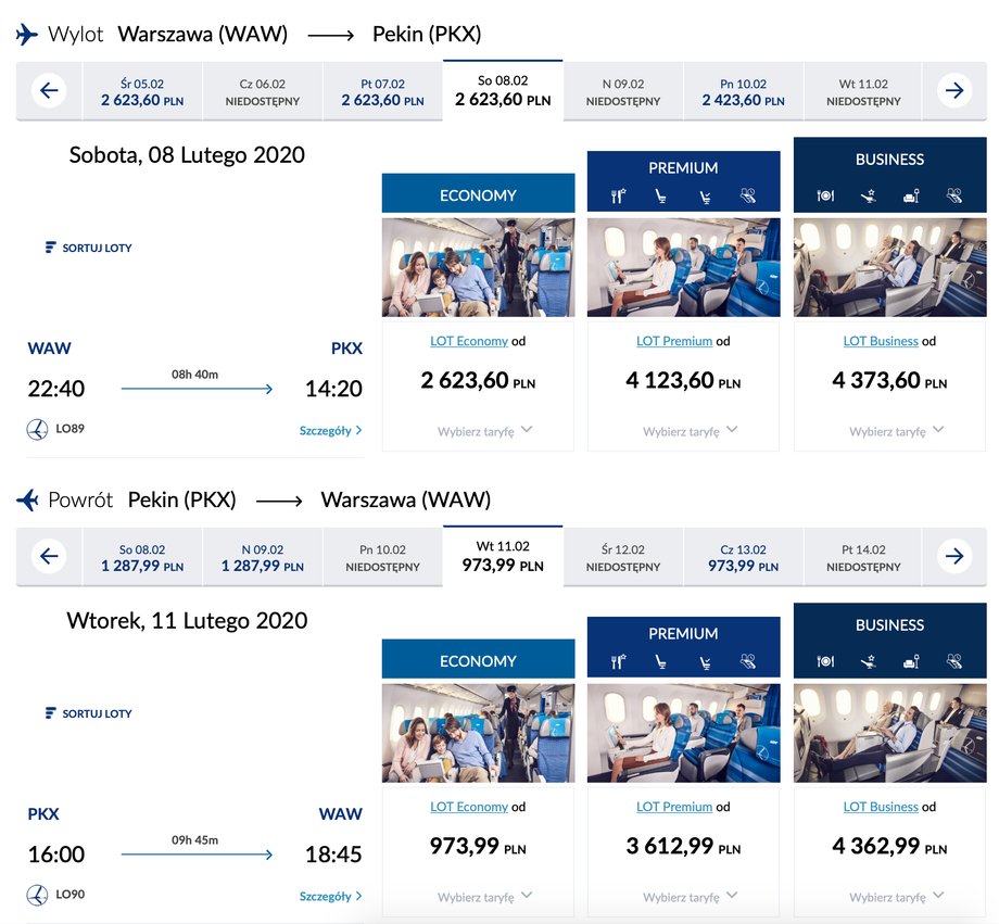 Różnica w cenach biletu między klasą ekonomiczną, Premium Economy i biznes na trasie Warszawa - Pekin-Daxing - Warszawa 