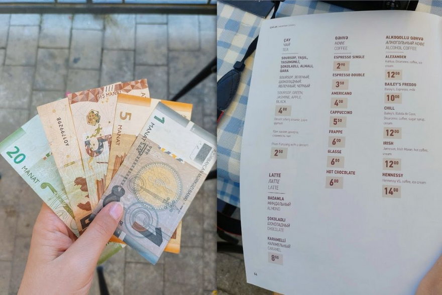 Lokalna gotówka i przykładowe menu z kawiarni na starym mieście