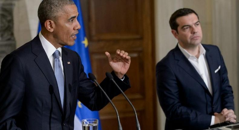 US President Barack Obama (L) speaks during a press conference with Greek Prime Minister Alexis Tsipras at the Maximos Mansion in Athens on November 15, 2016