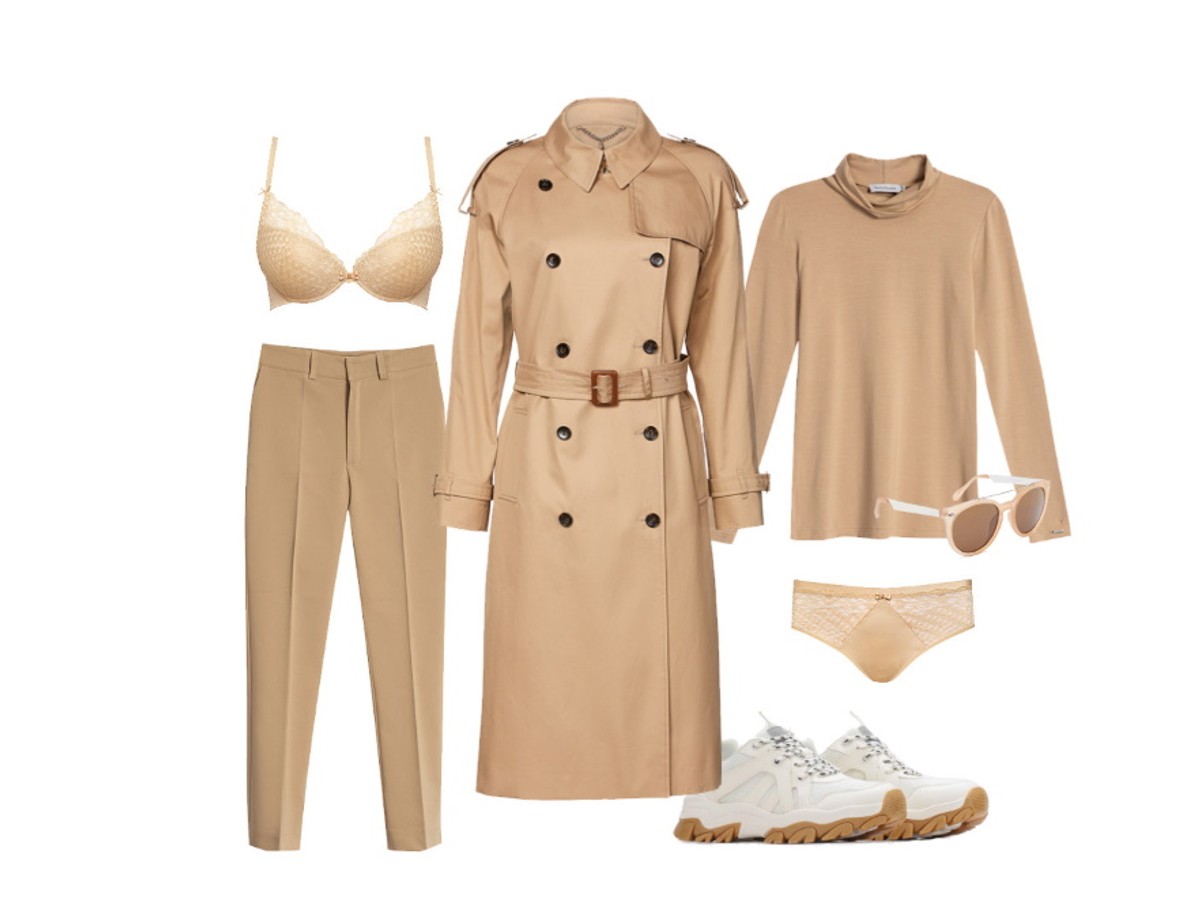 MONO BEIGE Monochromatyczny look inspirowany stylizacjami z instagrama. Jest hitem wśród influencerek, które promują świadome podejście do mody i wysoką jakość produktów. Ponadczasowy beż sprawdzi się przy wielu okazjach. NA ZDJĘCIU: Trencz z pagonami: Patrizia Aryton, 1199 zł; Golf z mikromodalu: Bombshe, 189 zł; Spodnie: Bombshe, 189 zł; Bielizna: Samanta góra 189 zł, dół 79 zł; Sportowe obuwie: CCC/Jenny Fairy, 129,99 zł; Okulary: Cellbes.pl, 69 zł.