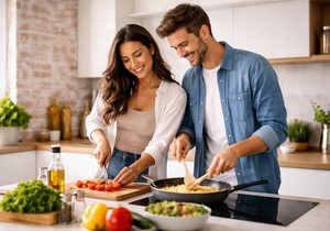 Devojka i momak spremaju hranu