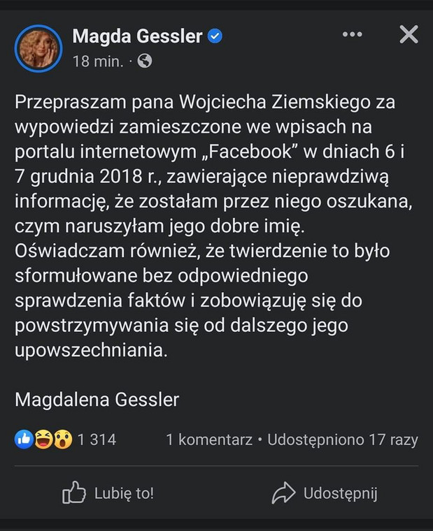 Post z profilu Magdy Gessler