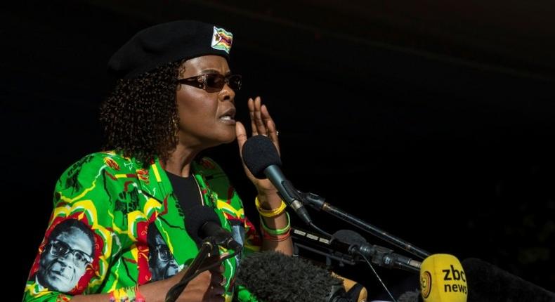 Zimbabwe First Lady Grace Mugabe addresses ZANU-PF supporters during a 2017 rally in Marondera