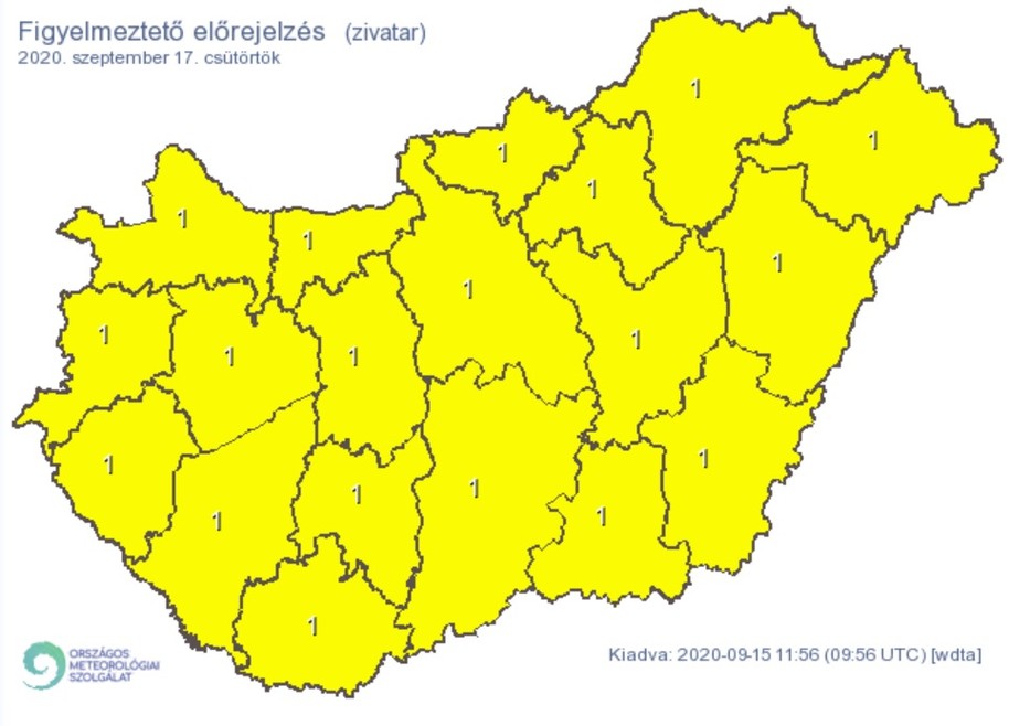 Minden megyében előfordulhat villámlással, jégesővel és szélerősödéssel járó zivatar / Grafika: Met.hu