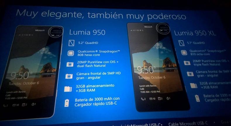 Leaked presentation showing the Lumia 950 and 950 XL smartphones and their specs
