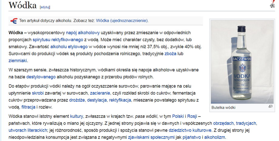 Fragment artykułu poświęconego wódce w polskiej Wikipedii