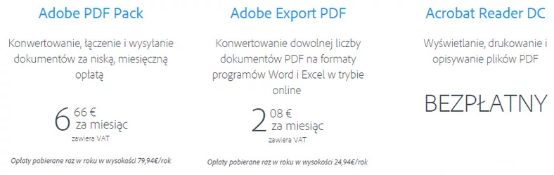 Usługa Document Cloud występuje w trzech wariantach: Acrobat Reader DC, Adobe Export PDF i Adobe PDF Pack