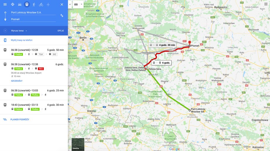 Według Google Maps, by dojechać transportem publicznym z Poznania do wrocławskiego lotniska, trzeba jechać np. przez Zieloną Górę