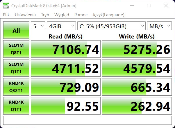 Acer Nitro 5 (AN515-58) – CrystalDiskMark 8 – szybkość nośnika SSD