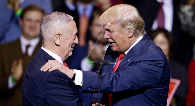 Donald Trump at a rally with James Mattis, his pick for defense secretary.