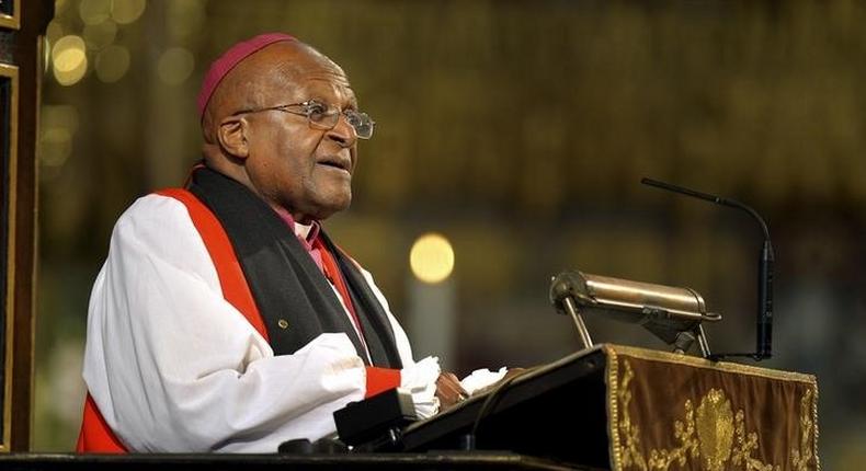 Archbishop Desmond Tutu speaks during a memorial service for former South African President Nelson Mandela at Westminster Abbey in London March 3, 2014. 