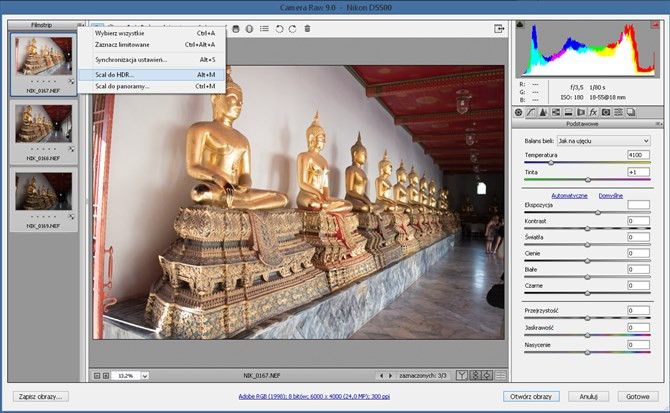 Okno wtyczki do Photoshopa CC - Adobe Camera Raw