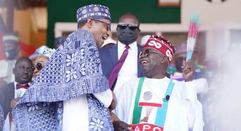 President Muhammadu Buhari and the Presidential candidate of the APC, Bola Ahmed Tinubu. (Thisday)