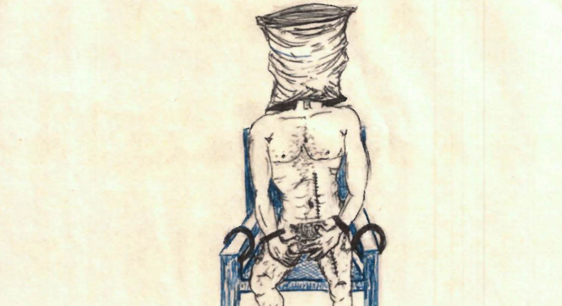 A drawing by Guantnamo prisoner Abu Zubaydah of his torture at a secret CIA prison.