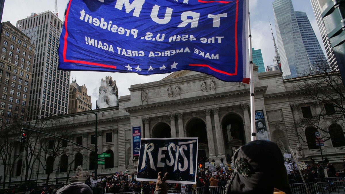 U.S. president Trump's supporters fight with Protesters during march in New York