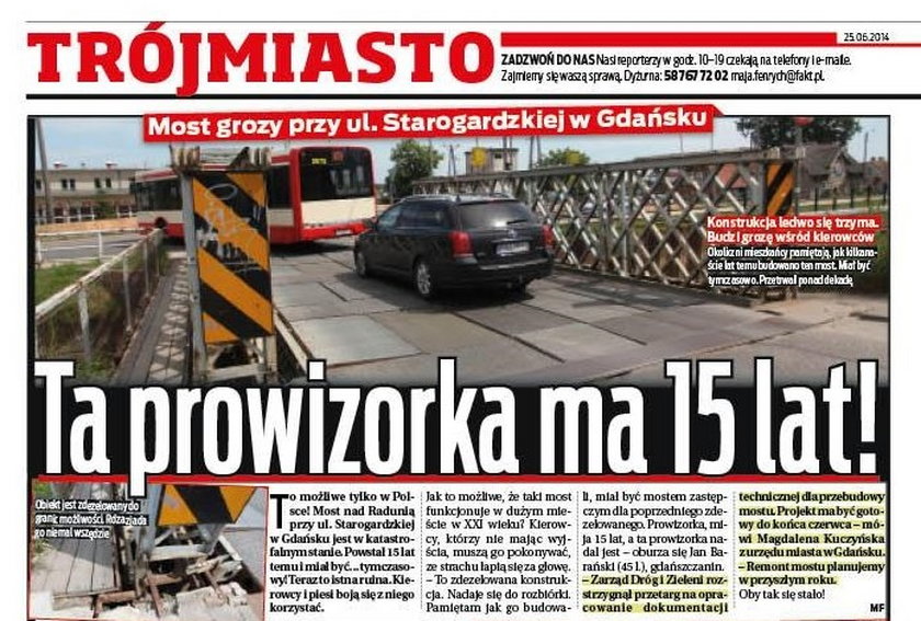 artykuł, w którym gdański Fakt apelował do urzędników o remont mostu