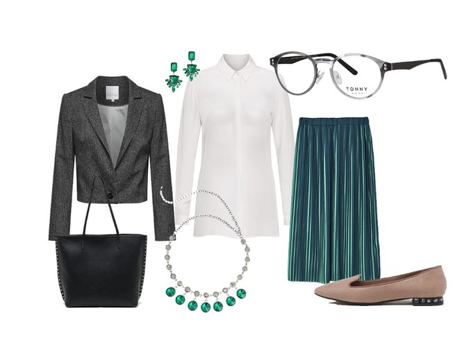 STYLIZACJE do biura na jesień 2018: Biała, jedwabna koszula, Patrizia Aryton, 699 zł; Plisowana spódnica z metalicznym połyskiem, Sfera, 109,99 zł; Krótki żakiet z wełny, Patrizia Aryton, 699 zł; Torebka shopper, Sfera, 74,99 zł; Naszyjnik i kolczyki, Cellbes.pl, 119 zł; Srebrne oprawy korekcyjne, Tonny Eyewear, 289 zł; Baleriny na niskim klocku, Sfera, 69,99 zł.