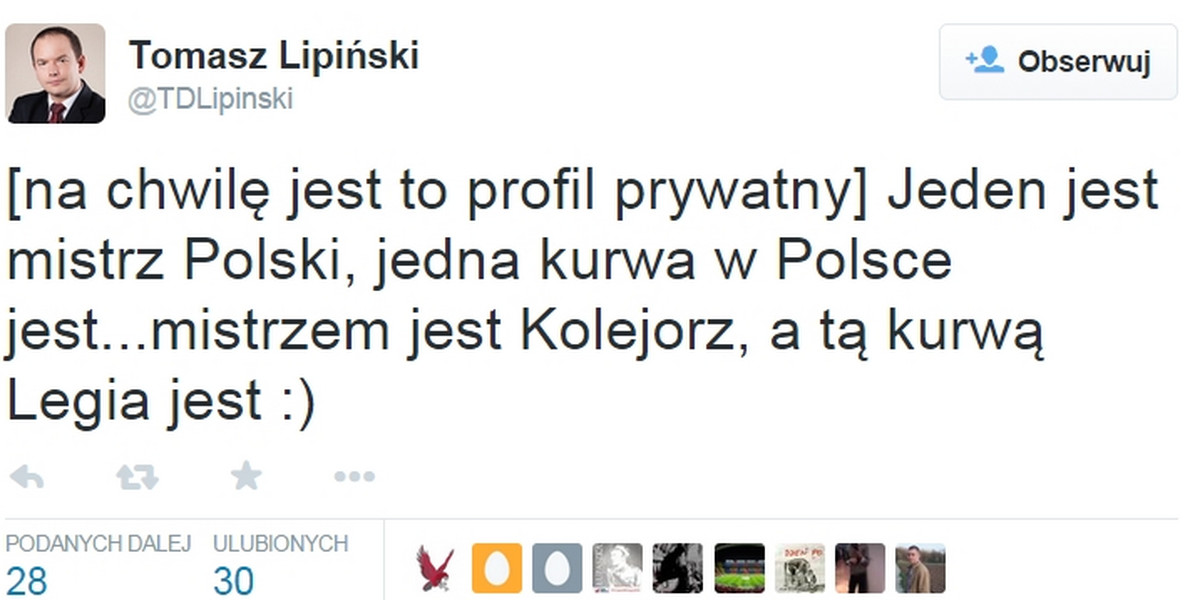 Chamski wpis po meczu Lech - Legia. Radny Tomasz Lipiński kibolem?