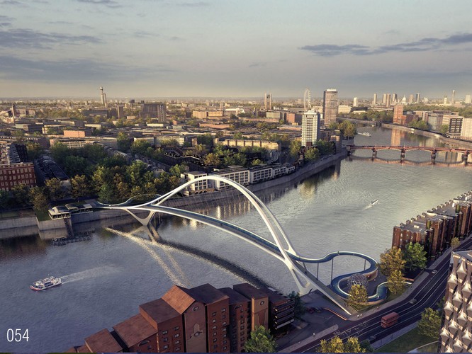 W tej koncepcji krajobraz jest zdominowany przez efektowny łuk, połączony linami z płytą przeprawy dla pieszych. Droga dla rowerzystów wije się jak wąż. Przez to cykliści nadłożą drogi, ale wjazd nie będzie aż tak stromy. Ciekawym pomysłem są trójkątne podpory, które nadają mostowi lekkości.