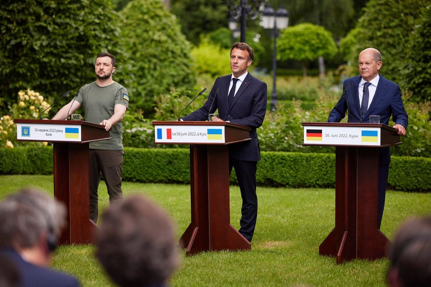 From left: Volodymyr Zelensky, Emmanuel Macron and Olaf Scholtz