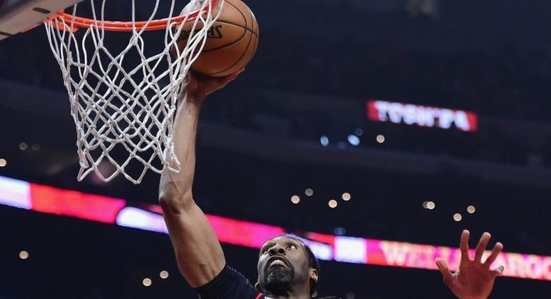 The absence of Nene, pictured in April 2017, will be deeply felt by the Rockets, as the forward was averaging 10.8 points and 5.3 rebounds per game during the playoffs