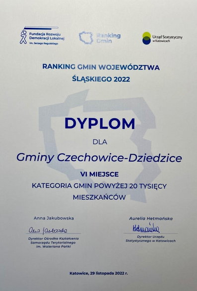 6.miejsce gminy w Rankingu Gmin Województwa Śląskiego · fot. UM Czechowice-Dziedzice