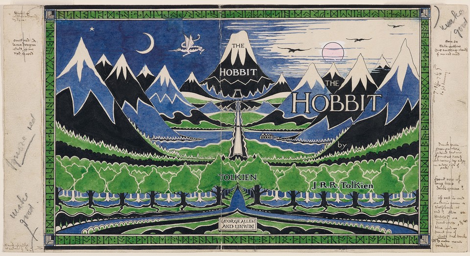 "Hobbit dust jacket" - oryginalna okładka "Hobbita" wyszła spod ręki samego Tolkiena w 1937 roku. 