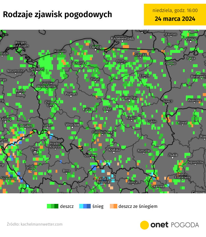 Wszędzie będą się pojawiać rozproszone, przelotne opady deszczu, deszczu ze śniegiem i śniegu