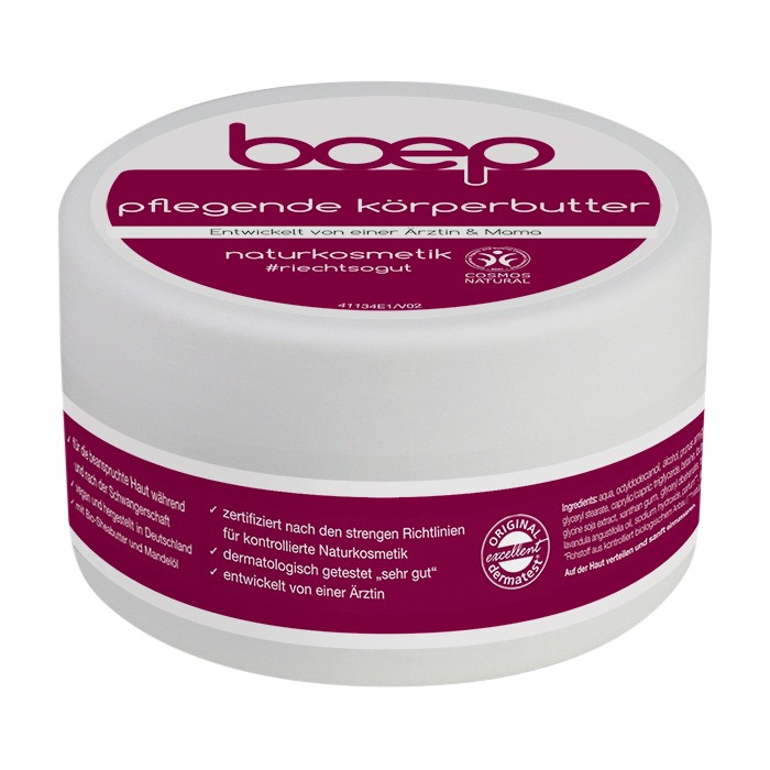Beurre corporel nourrissant au riche beurre de karité biologique pour les peaux sèches et abimées de Boep pour CHF 14.– (125 ml), via Galaxus. 