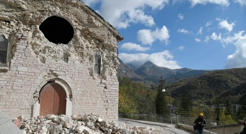 A damaged church in Ussita, central Italy, a day after powerful twin earthquakes rocked the region, on October 27, 2016