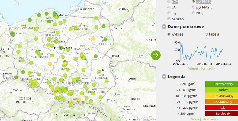 Stężenie pyłu PM10 - 2017-04-04 od godziny 8.00 do 9.00