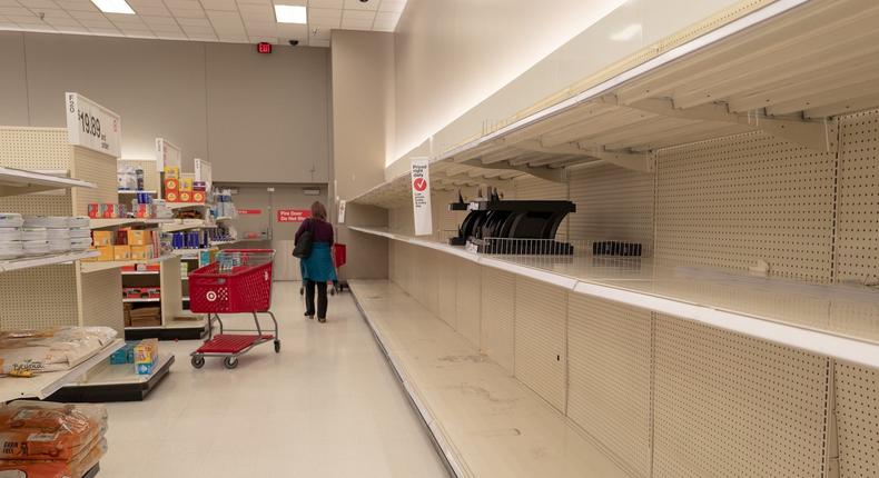 Empty shelves are visible at a Target retail store in Contra Costa County, San Ramon, California
