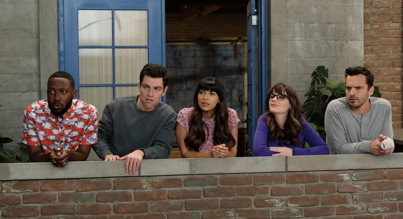 Lamorne Morris, Max Greenfield, Hannah Simone, Zooey Deschanel, and Jake Johnson on the series finale of New Girl.Fox Image Collection via Getty Images