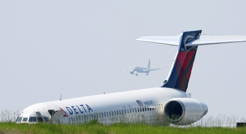 A Delta Air Lines plane after an emergency landing at Charlotte Douglas International Airport in North Carolina on June 28, 2023.Jeff Siner/The Charlotte Observer/Tribune News Service via Getty Images