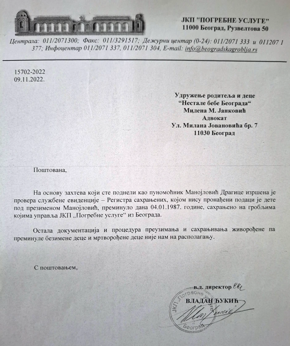 JKP "Pogrebne usluge" Beograd su obavestile majku da nijedno muško dete sa njenim prezimenom nije sahranjeno na njihovim grobljima
