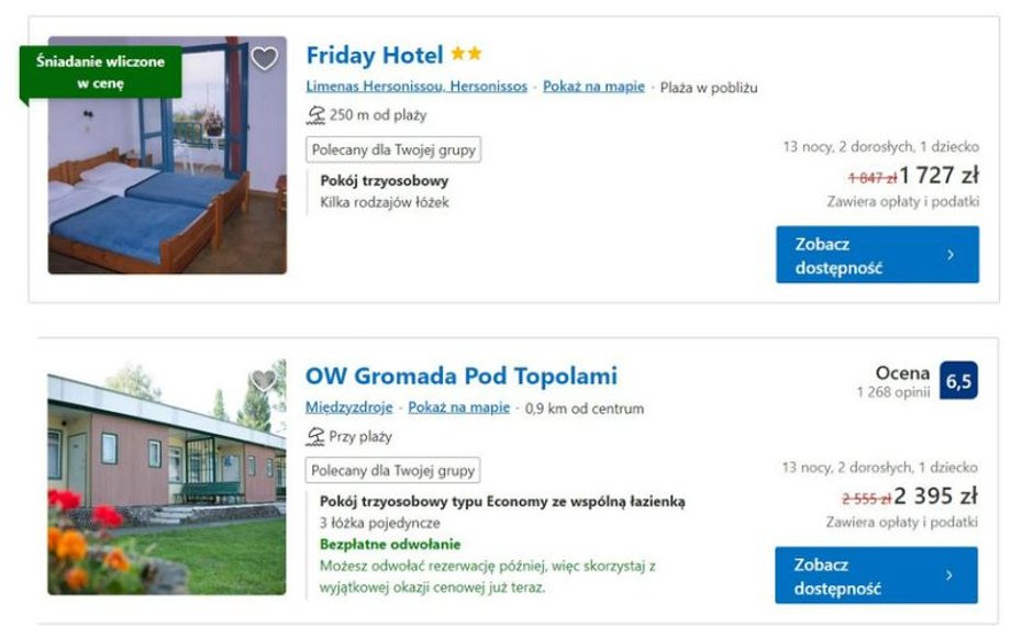 Oferta z Booking.com. Powyżej najtańsza propozycja z Krety, poniżej – najtańszy nocleg w Międzyzdrojach.