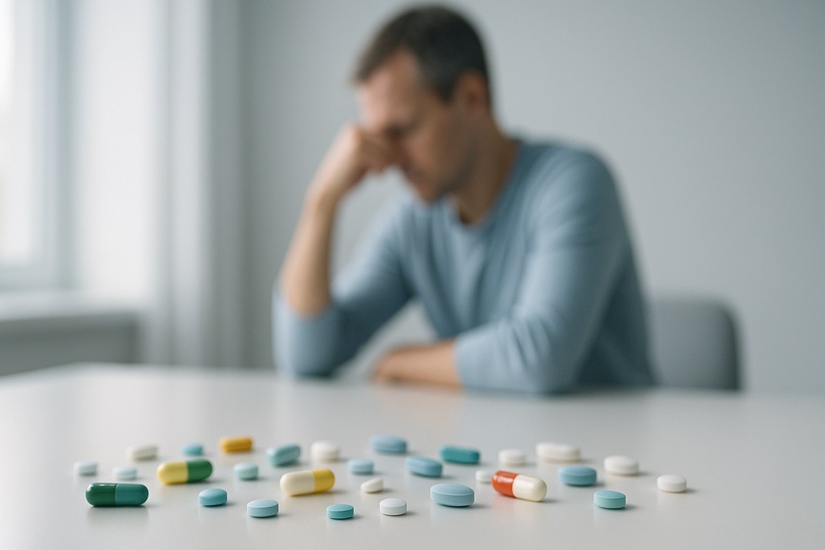 Rozsypane tabletki w świetle dziennym, symbolizujące badania nad skutecznością leczenia depresji