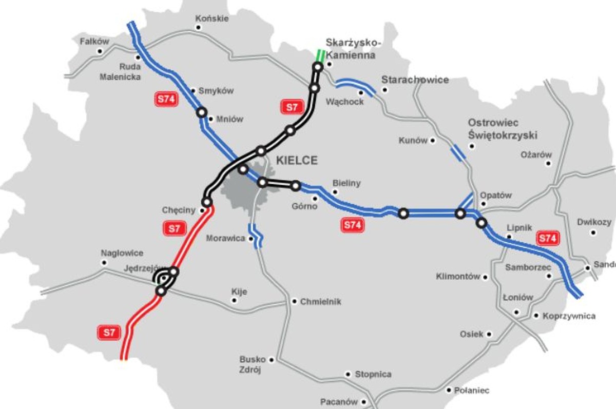 Przebieg planowanych i istniejących tras ekspresowych w woj. świętokrzyskim. Źródło: GDDKiA