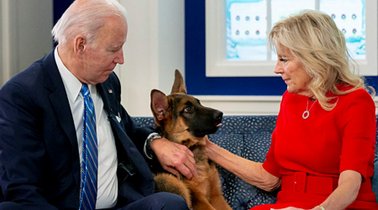 Joe Biden amerikai elnök és felesége, Jill Biden Commander, azaz Parancsnok nevű német juhászkutyájukkal / Fotó: MTI/EPA/Michael Reynolds