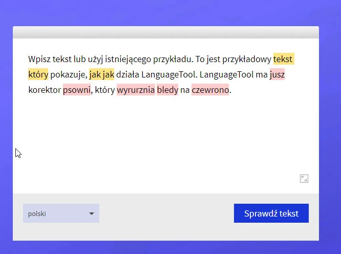 Narzędzie Language Tool dostępne z poziomu strony internetowej