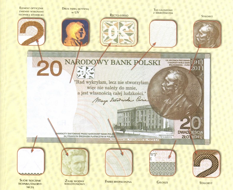 Banknot kolekcjonerski PWPW SA - 20 zł „100. Rocznica Przyznania Nagrody Nobla Marii Skłodowskiej-Curie” i jego zabezpieczenia, strona tylnia.