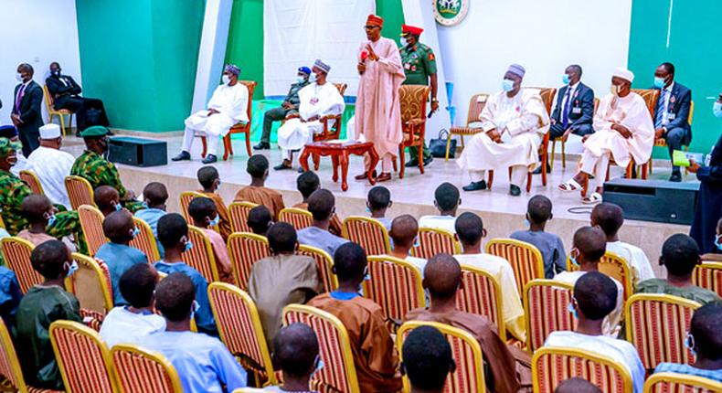 President Muhammadu Buhari addressing Kankara schoolboys after regaining freedom from Boko Haram captivity (Channels TV)