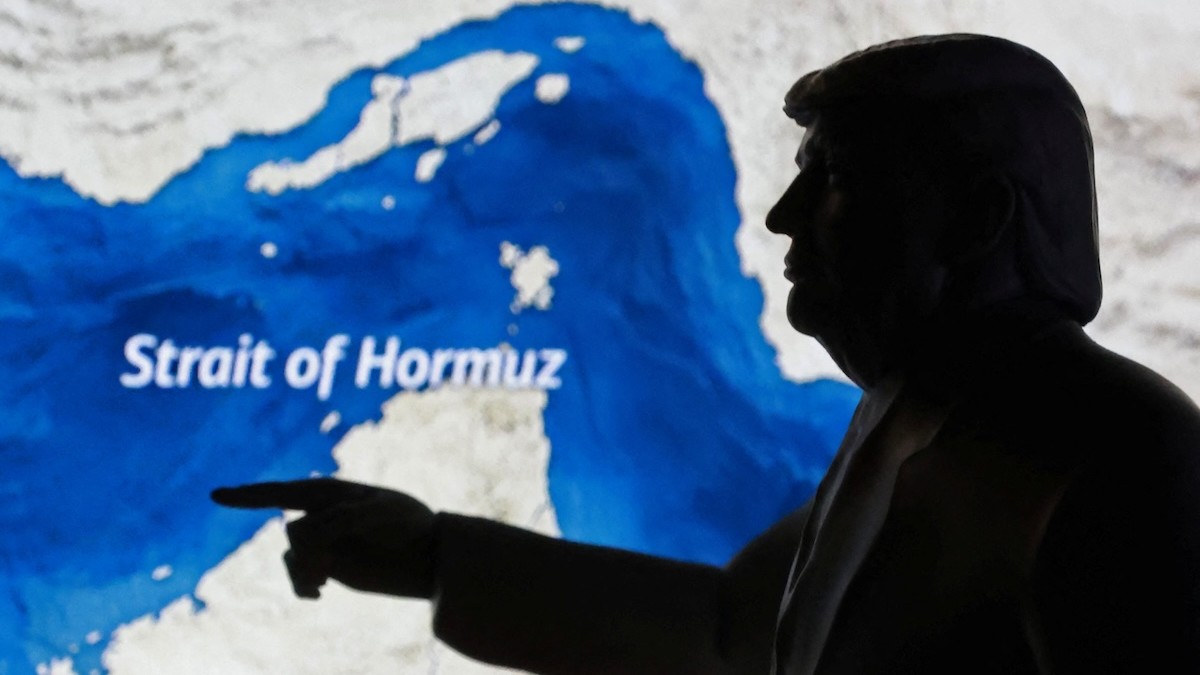Mapa Hormuzského prielivu a 3D model amerického prezidenta Donalda Trumpa.